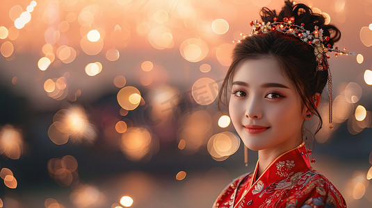 中国底纹红色摄影照片_红色传统服装的新娘看烟花图片