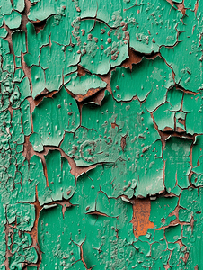 生锈的金属板表面上的绿色油漆剥落