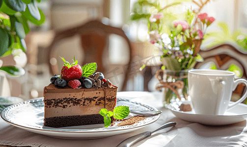 美丽的住宅内供应早餐包括巧克力蛋糕和咖啡