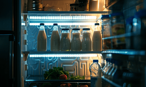 奶瓶蜡笔摄影照片_夜晚家里冰箱门上堆满了牛奶瓶