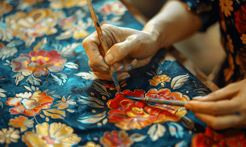 艺术家在丝绸上绘制带有花卉图案的蜡染