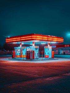 加油站汽车摄影照片_夜间的汽油加油站