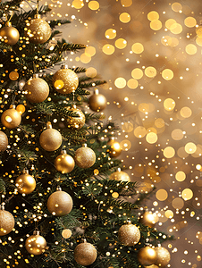 红色金色节日摄影照片_装饰有抽象金色散景光背景的圣诞树