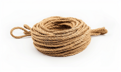 白色背景上孤立的天然黄麻粗麻绳编织扭曲线圈