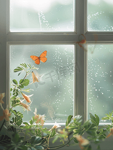红蝴蝶结摄影照片_玻璃上的豆子窗户上的蝴蝶内部细节窗框