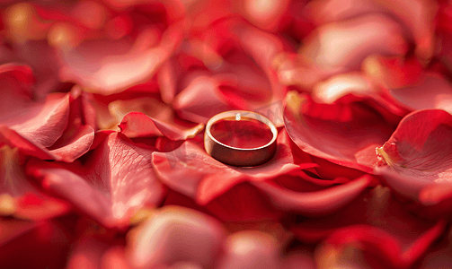 玫瑰金玫瑰摄影照片_玫瑰花瓣上的金戒指圆形玫瑰