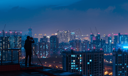 摄影师从红砖公寓屋顶边缘拍摄夜景