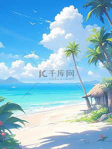 海边沙滩椰子树蓝天白云背景