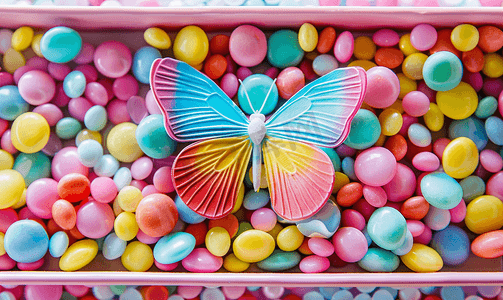 托盘中彩色糖果上的纸蝴蝶