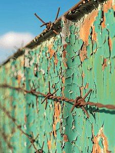 弯月扁平摄影照片_扁平生锈的金属栅栏上面有剥落的绿色油漆和铁丝网