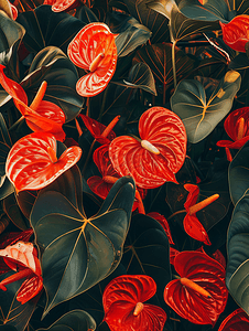 装修中摄影照片_热带花园背景中的红掌花
