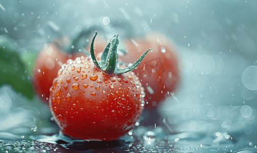 番茄照片摄影照片_新鲜红樱桃番茄与水滴的宏观照片