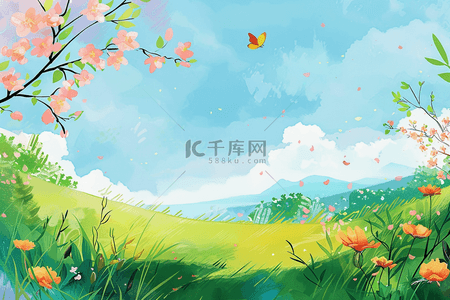 花草夏季风景背景手绘