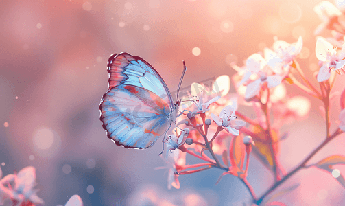 花卉自然复古粉彩背景上的梦幻蝴蝶