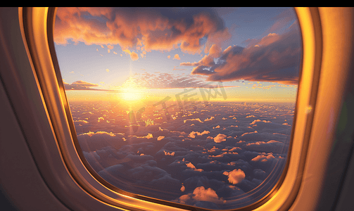 商用飞机摄影照片_黎明时分的机翼窗户景观