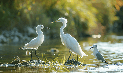 白鹭闪屏摄影照片_岸边长满青草的水道中的白鹭和海鸥