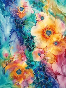 彩绘花卉摄影照片_蜡染丝巾上的抽象花卉画