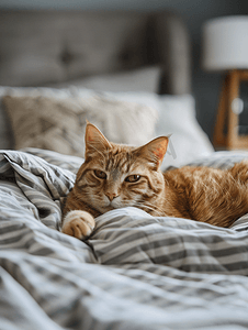 橙色虎斑猫躺在床上看着相机