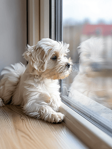 可爱的小白小狗坐在窗户旁边