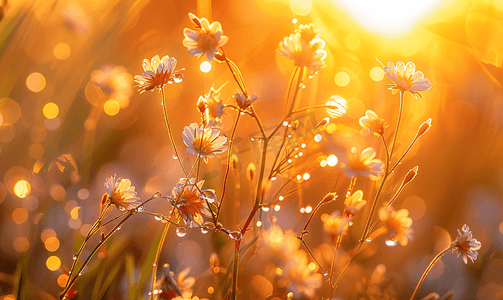 阳光柔和暖光下晨露上的草花