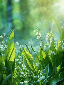 五月开花摄影照片_生长在庭院春天自然背景中的铃兰