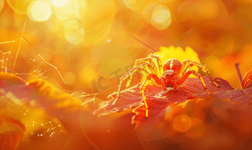 万圣节奇幻摄影照片_十字蜘蛛在蜘蛛线上爬行万圣节恐惧模糊的背景
