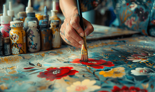 设计绘图摄影照片_画家在丝绸上绘制带有花卉图案的蜡染