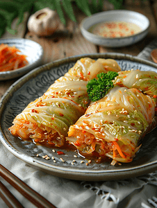 韩国菜酸菜和腌胡萝卜以卷心菜卷的形式