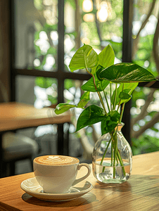 咖啡厅木桌上的一杯热卡布奇诺和带绿色植物的玻璃花瓶