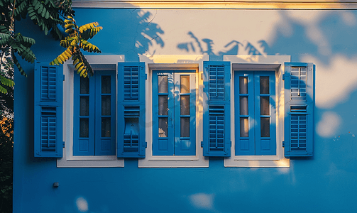 日落时房子里的木窗和百叶窗漆成蓝色