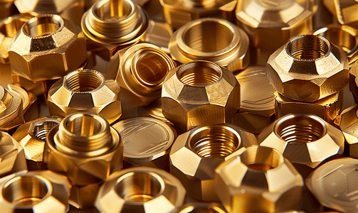 闪亮黄铜金属螺纹六边形零件的抽象工业背景