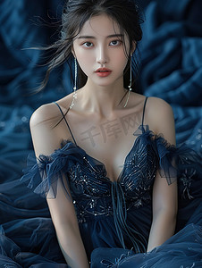低胸晚礼服摄影照片_藏蓝色的晚礼服的女性摄影图