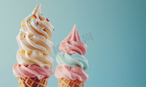 卡通冰激凌甜筒摄影照片_混合口味甜筒冰淇淋软冰淇淋