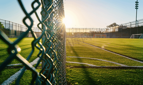 足球运动场摄影照片_阳光下运动场上的围栏体育场细节早晨运动场