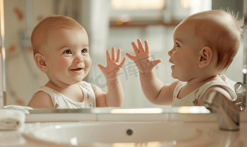 微笑的小婴儿在镜子里认出自己