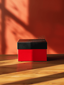 木桌背景上的样机红色和黑色盒子