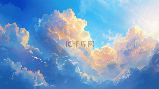 阳光背景蓝色背景图片_彩绘海岸线海水云彩的背景