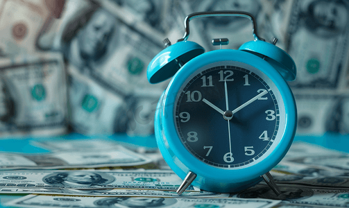 时间作为重要的商业资源蓝色闹钟和美金