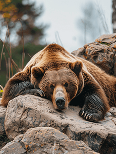 大棕熊躺在石头上