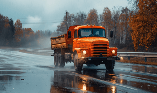 海报用途摄影照片_雨天特写下一辆旧橙色多用途卡车在沥青路上行驶