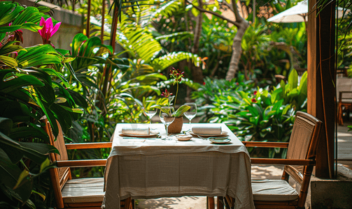 正式摄影照片_餐桌布置在郁郁葱葱的花园中