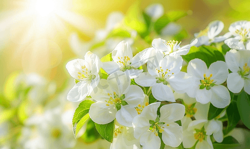 色彩植物摄影照片_阳光下的白花苹果树春季春天的色彩