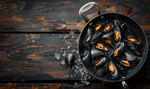 美食制作中摄影照片_深色木质背景中盛有水的锅中的生贻贝