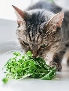 灰色家养虎斑猫吃绿豆芽白色背景上孤立