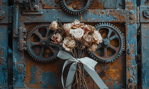 简约叶子框摄影照片_用金属齿轮制成的门上绑着白丝带的干玫瑰花束