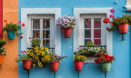 街道文化摄影照片_博兹贾阿达彩色墙壁和窗户上挂着花盆
