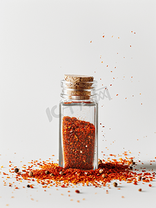 调味罐摄影照片_白色背景中分离的红辣椒粉玻璃胡椒罐