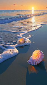 贝壳带珍珠背景图片_夏日海岸海滩波浪海螺贝壳海景背景19