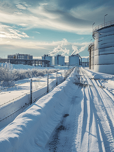 石油储存码头的油库用围栏固定冬天看雪