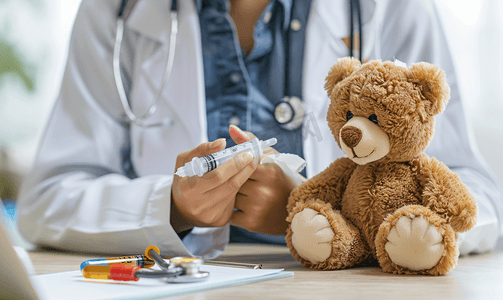 医生检查糖尿病患者的设备与泰迪熊诊所